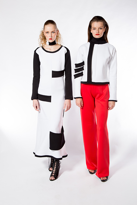 Smith II, Long-Sleeve Black and White Dress with Choker & White and Black Jacket with Sleeve Bands and Red Pants, 2017