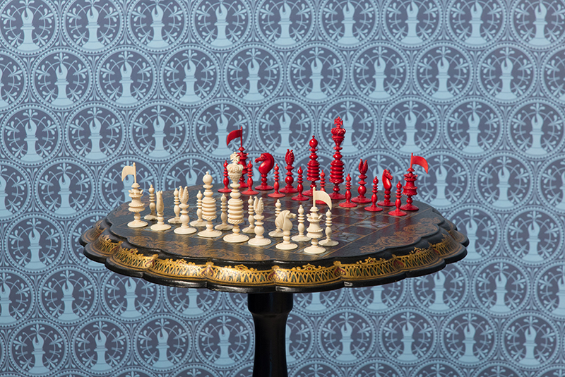 English Ivory Playing Set with Victorian Tilt-top Chess Table